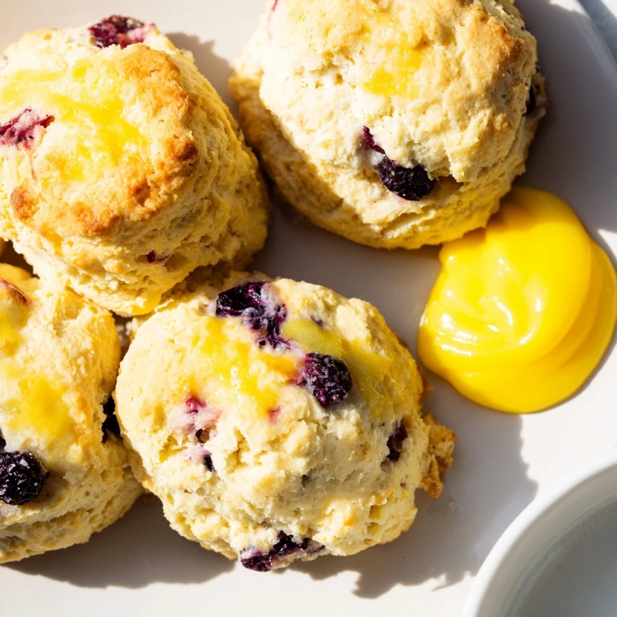 Golden-brown Lemon Blueberry Scones studded with purple berries and drizzled with homemade lemon curd on a rustic wooden board.