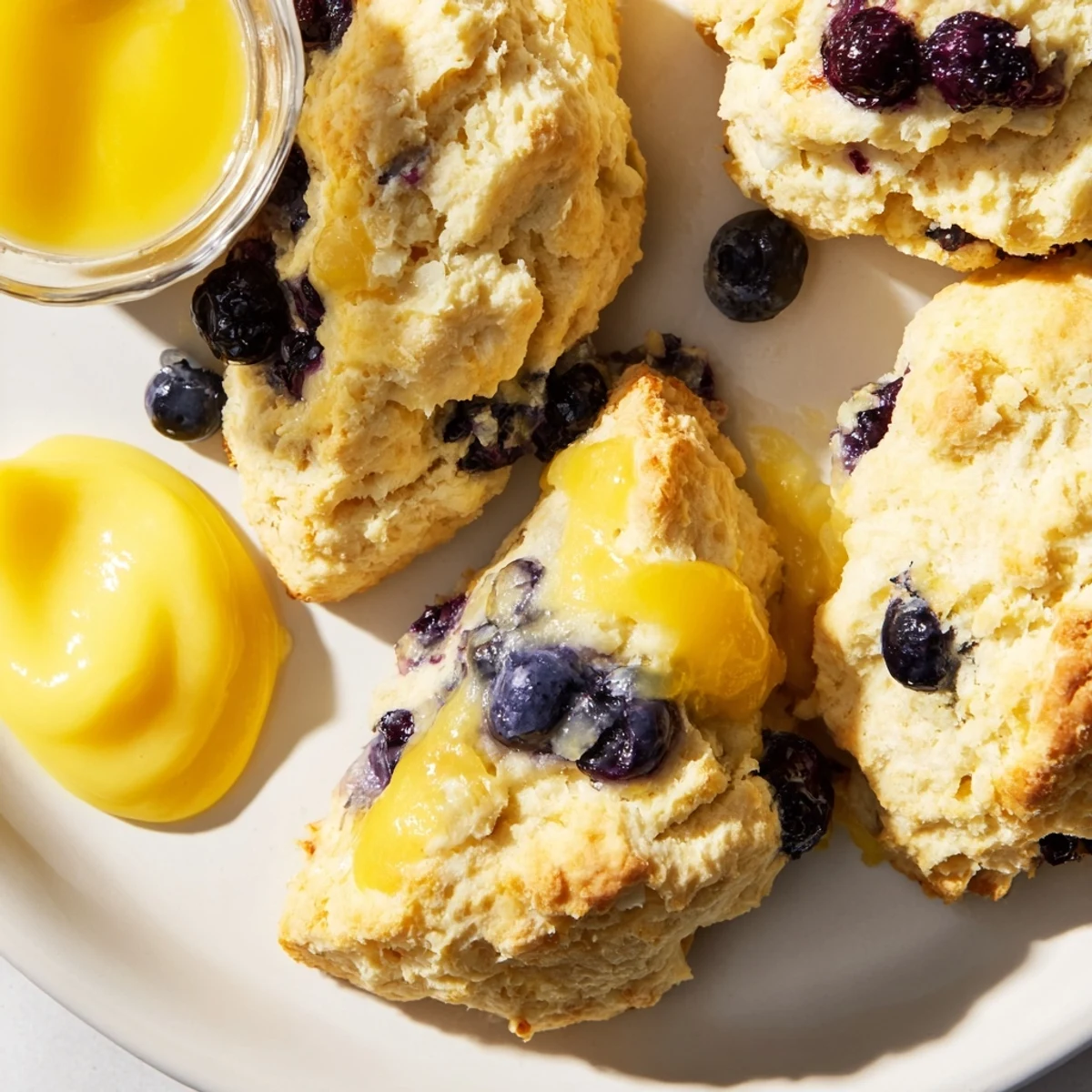 Freshly baked Lemon Blueberry Scones featuring bright lemon zest, juicy berries, and a generous dollop of creamy curd on the side.