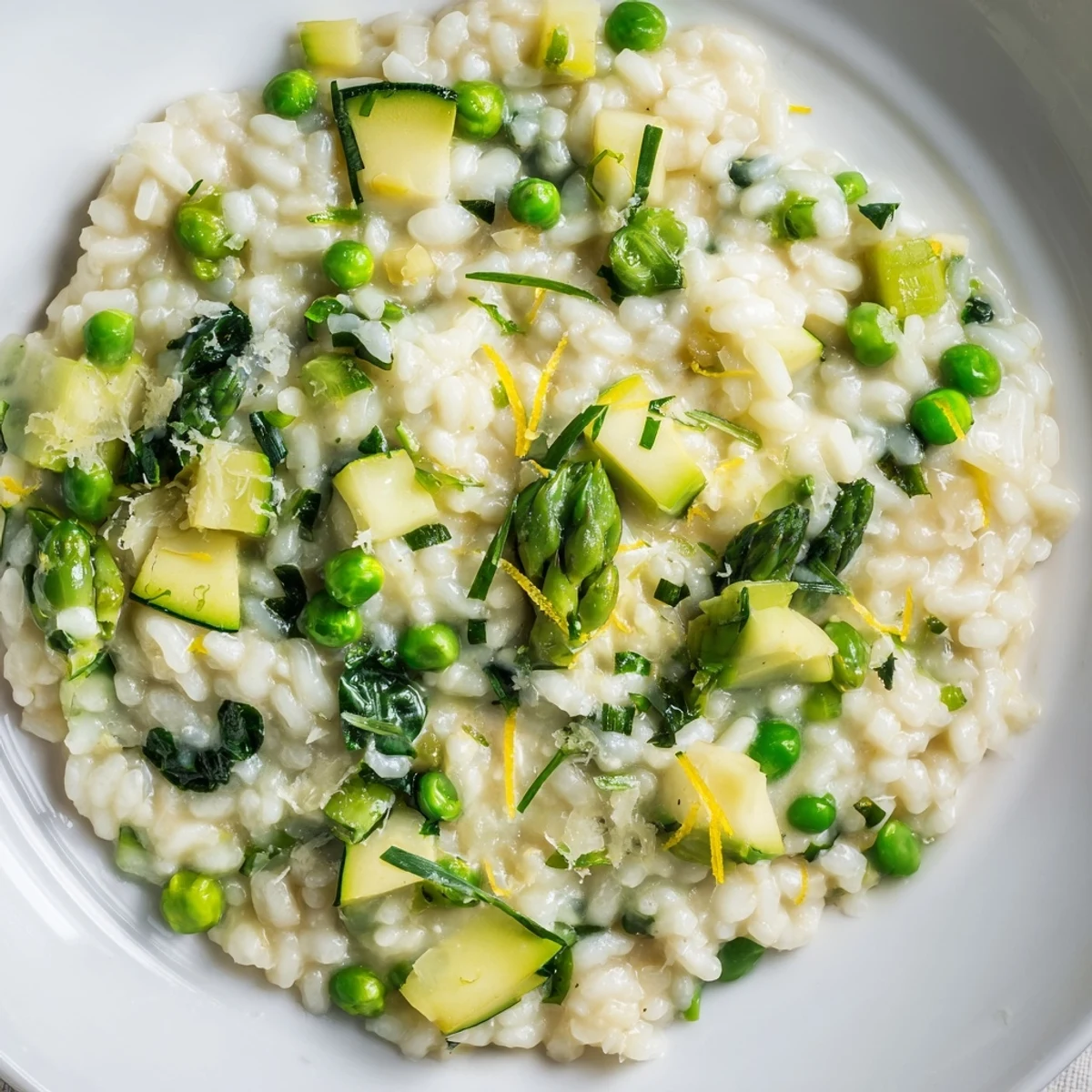 A creamy bowl of Spring Vegetable Risotto garnished with fresh parsley and shaved Parmesan, featuring bright asparagus and peas.