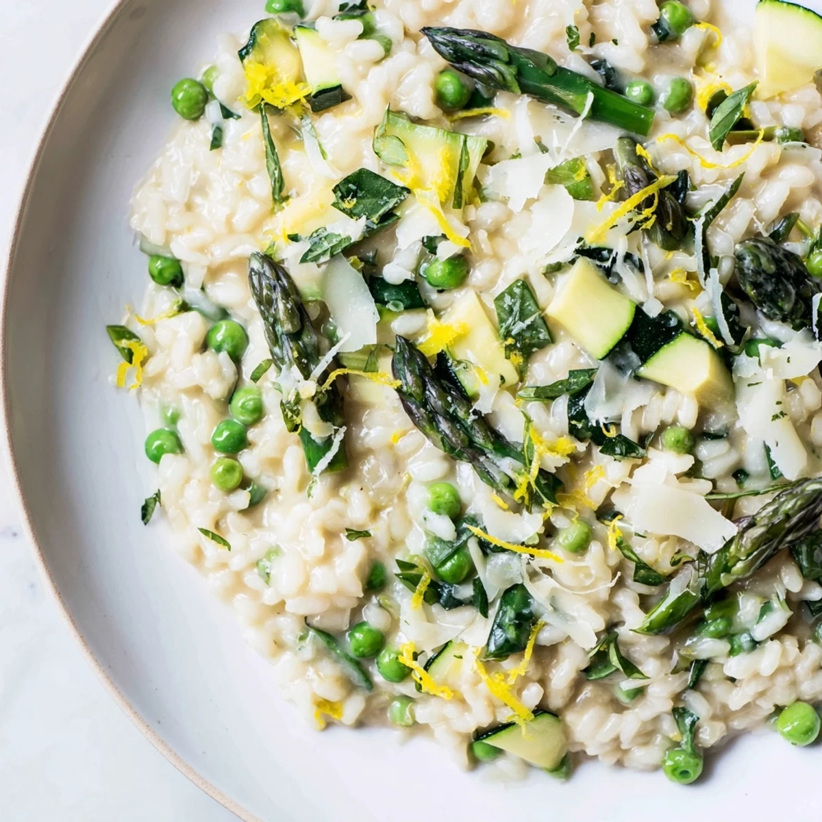 Spring Vegetable Risotto steaming in a skillet with sautéed leeks, zucchini, and wilted spinach, topped with lemon zest.