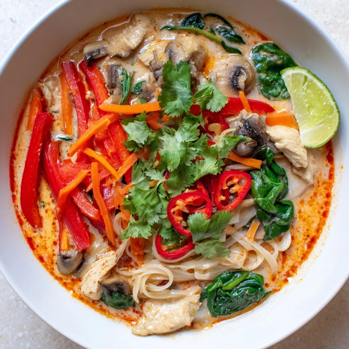 A close-up of Thai Red Curry Noodle Soup with Chicken in a white bowl, featuring tender chicken pieces, glossy red broth, and fresh cilantro garnish.