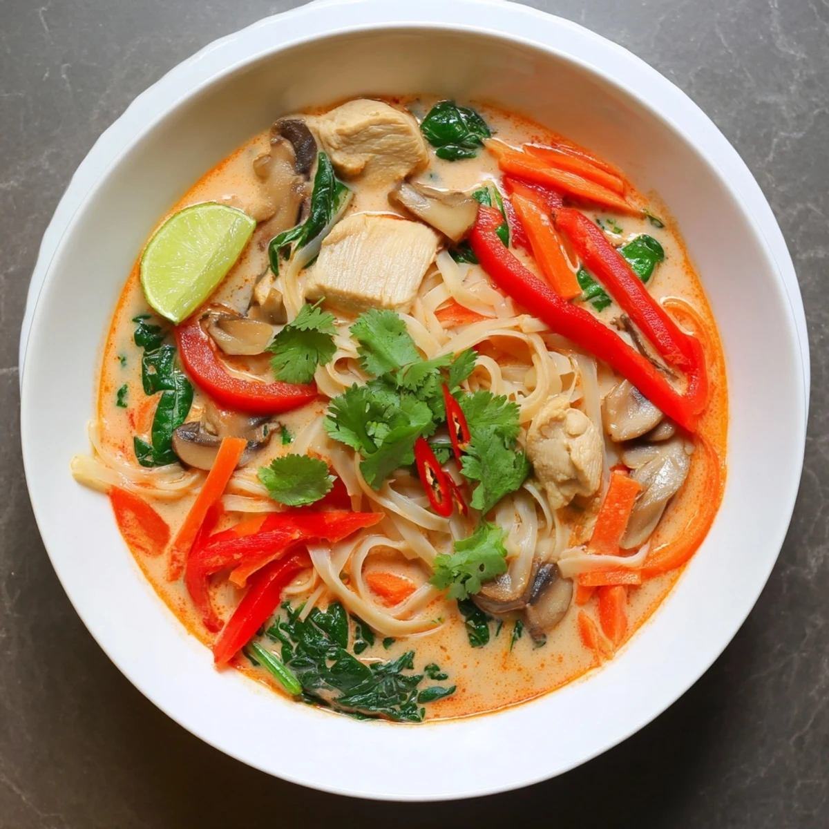 Thai Red Curry Noodle Soup with Chicken steams in a rustic bowl, loaded with rice noodles, colorful bell peppers, and sliced chicken thighs.