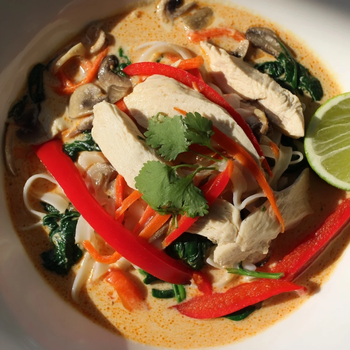 Overhead view of Thai Red Curry Noodle Soup with Chicken served with lime wedges and chili slices, showcasing creamy coconut broth and vibrant vegetables.