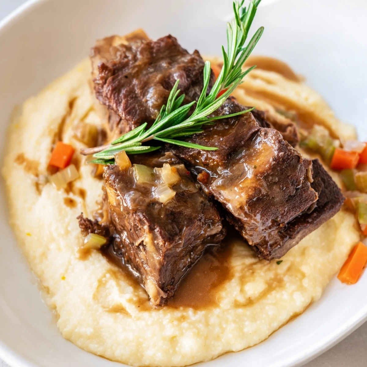 Golden-brown braised beef short ribs glistening with red wine sauce rest on a bed of creamy polenta, garnished with fresh rosemary.