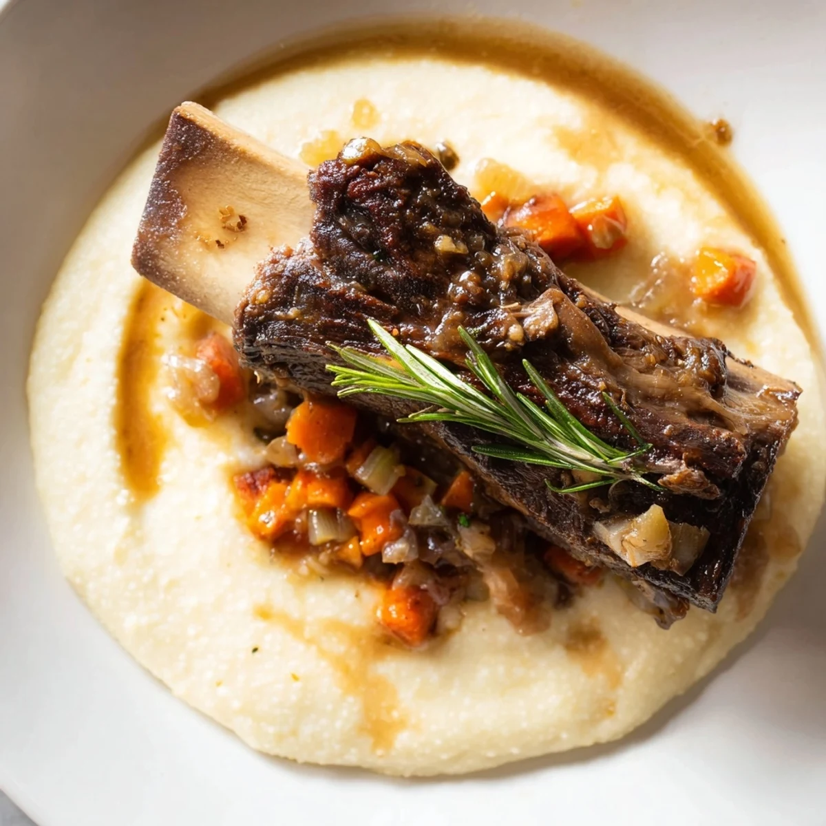 Comforting bowl of creamy polenta topped with hearty beef short ribs, carrots, and herbs, ready for a cozy family dinner.