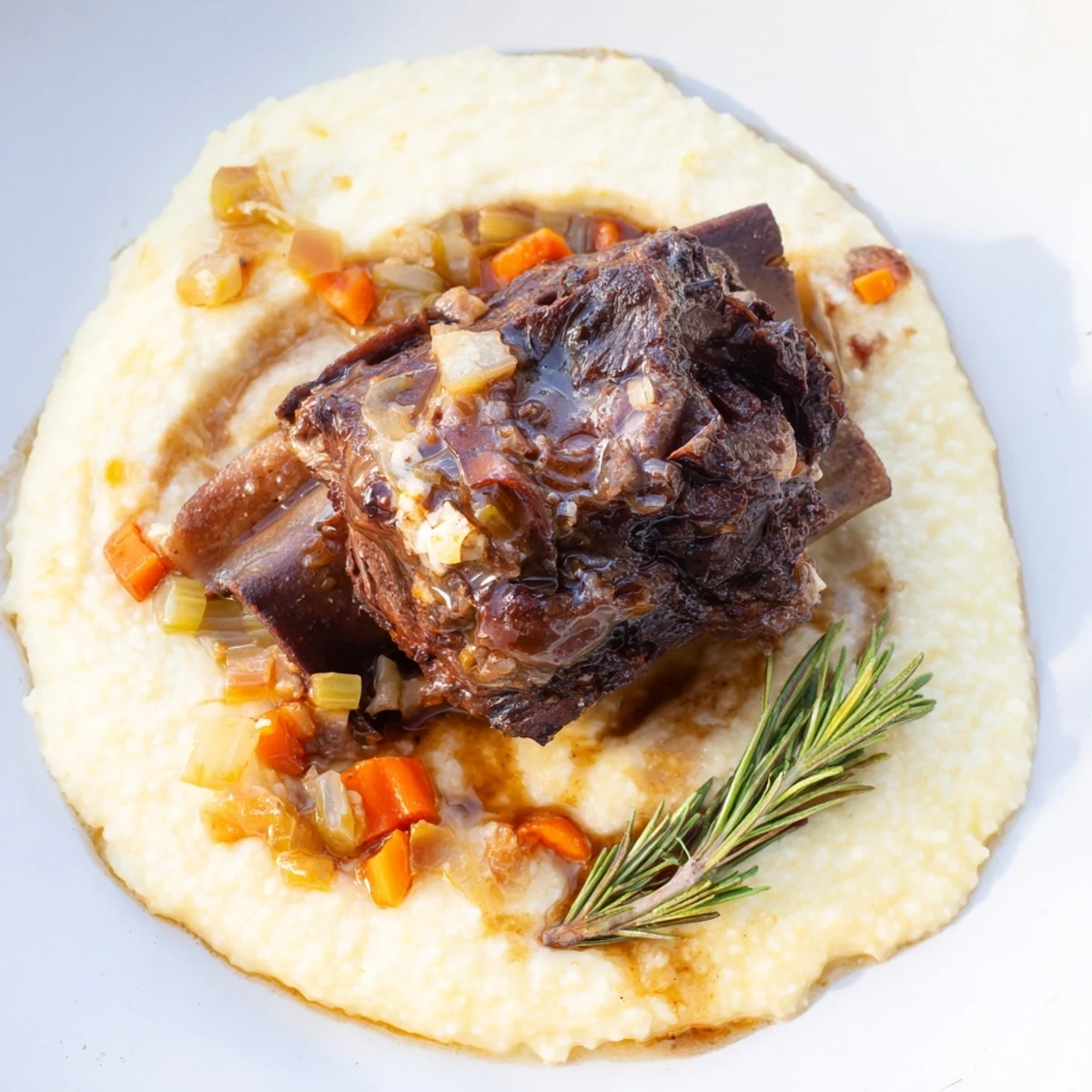 Slow-cooked Italian short ribs tenderly served over soft polenta with a rich, velvety sauce and a sprinkle of Parmesan cheese.
