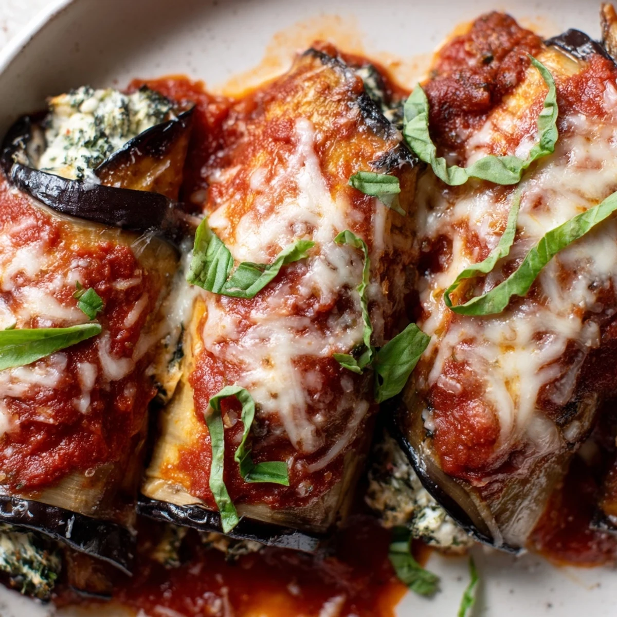 Golden-brown baked eggplant rollatini with ricotta cheese are stuffed and swimming in rich marinara sauce.