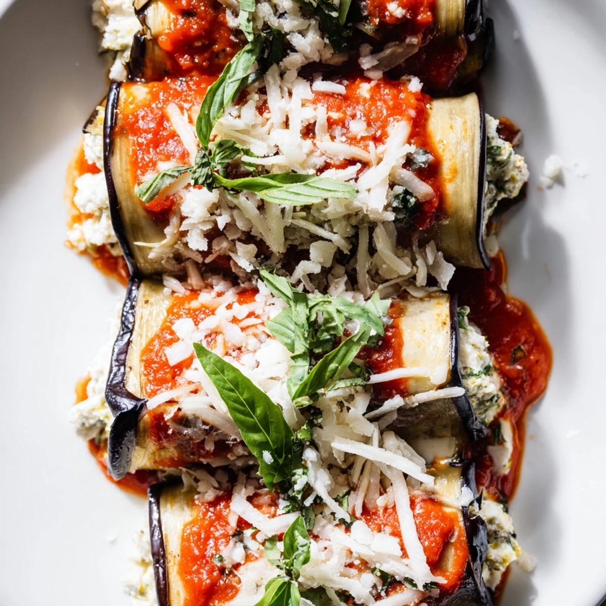 Sizzling baked eggplant rollatini with ricotta cheese served on a plate with salad and crusty bread.