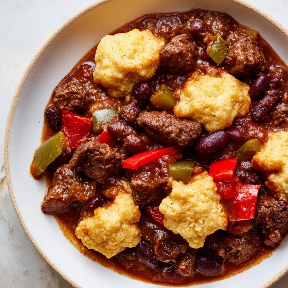 Tender beef, beans, and vegetables in hearty Beef Chili with Cornbread Dumplings, served steaming hot with fresh cilantro garnish.