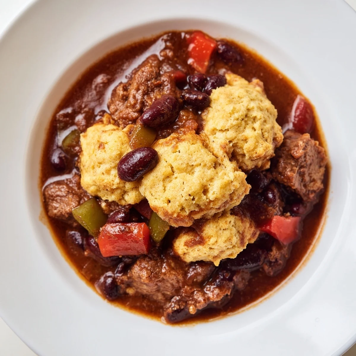 Beef Chili with Cornbread Dumplings simmering in a Dutch oven, topped with golden, fluffy dumplings soaking up rich, savory broth.