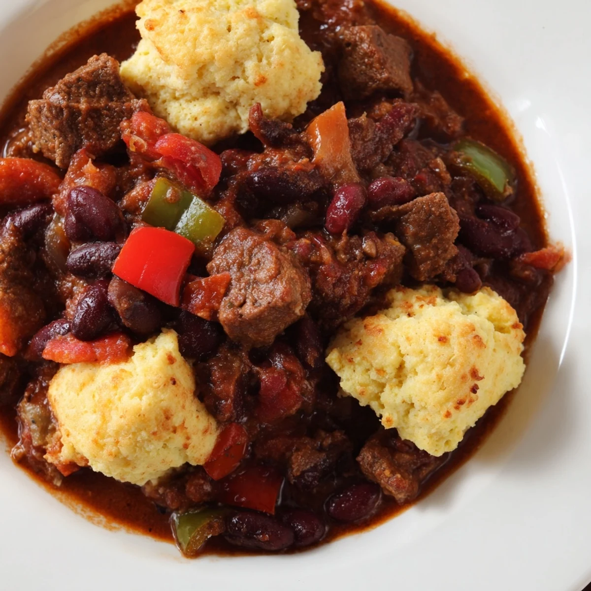 Skillet of Beef Chili with Cornbread Dumplings ready to serve, beside a bowl of sour cream and shredded cheese toppings.