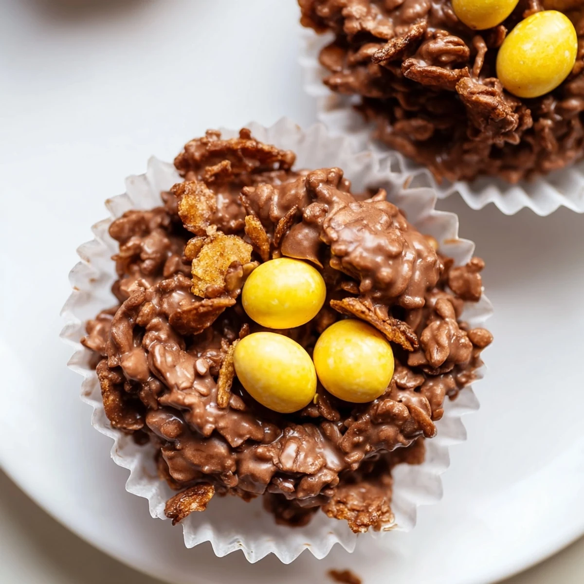 A close-up of Chocolate Easter Egg Nests with melted chocolate and crunchy cornflakes in cupcake liners, topped with mini candy eggs for a festive treat.