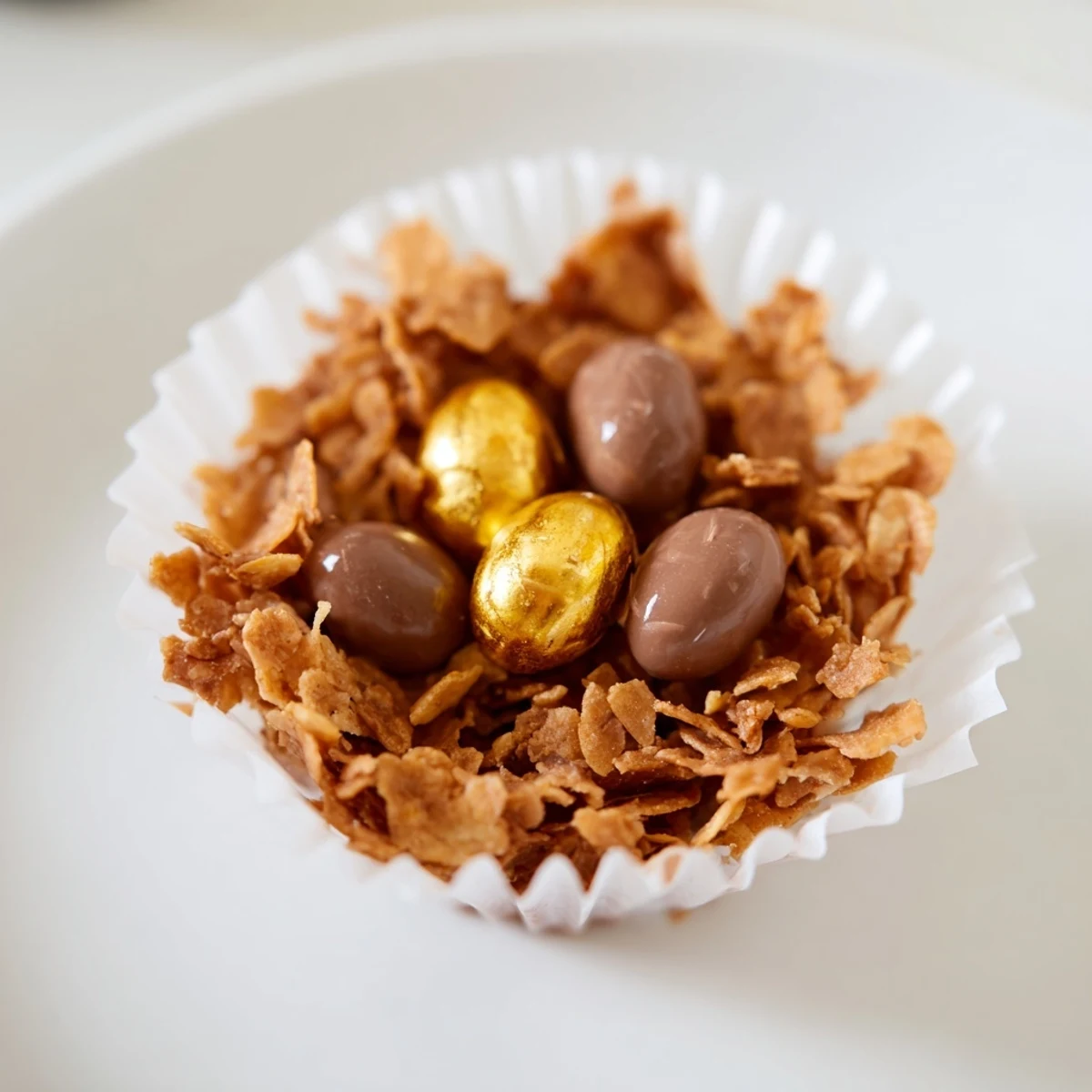 A beautiful batch of Chocolate Easter Egg Nests ready to serve on a pastel plate, perfect for an Easter brunch or spring celebration.