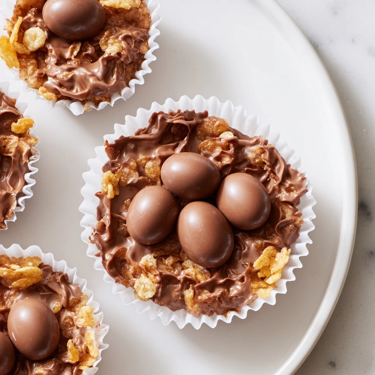 These adorable no-bake Chocolate Easter Egg Nests sit on a marble counter, showcasing their crispy texture and colorful mini egg decorations.