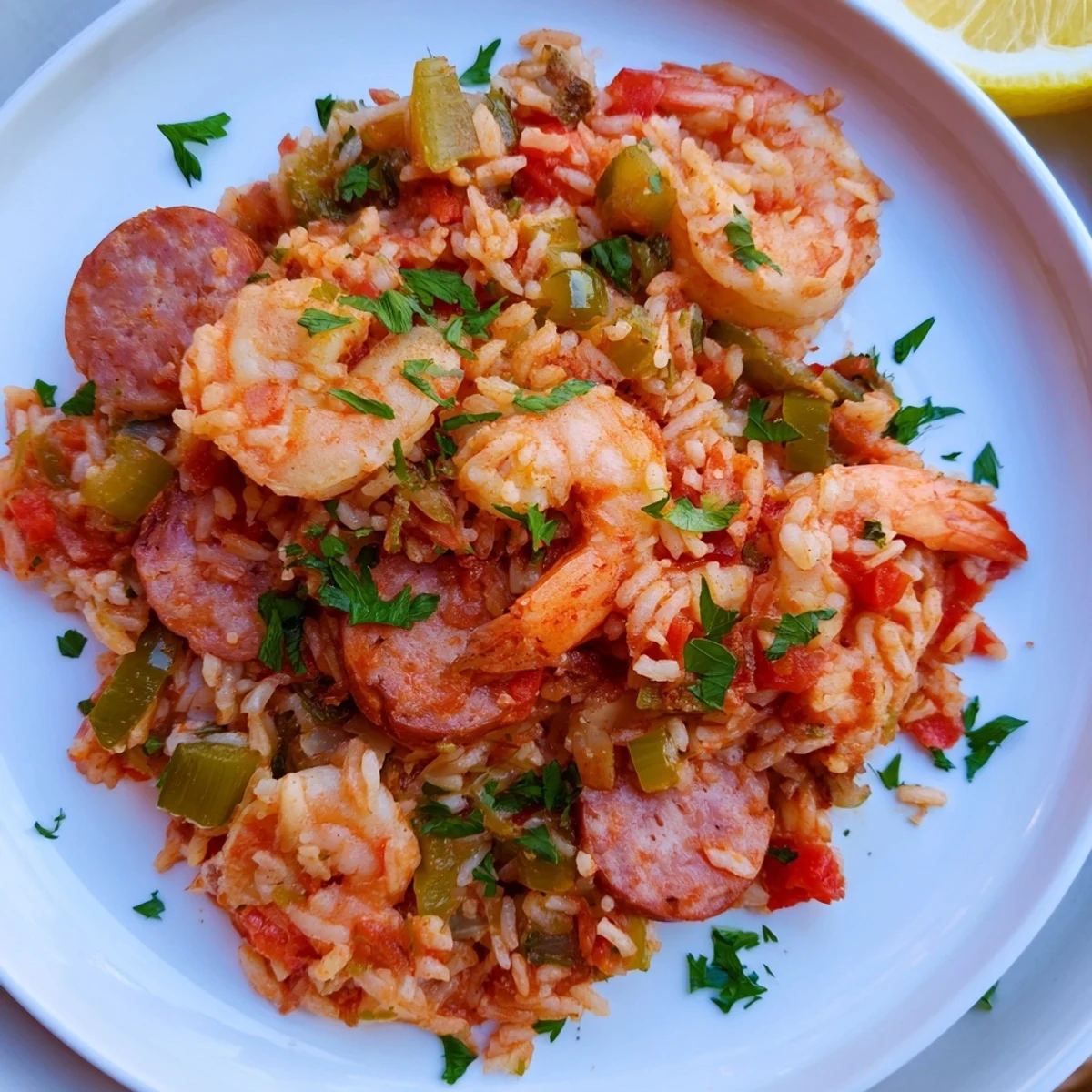 A close-up of Spicy Jambalaya with Shrimp and Turkey Sausage, featuring pink shrimp and browned sausage nestled in tomato-rich rice with bell peppers.