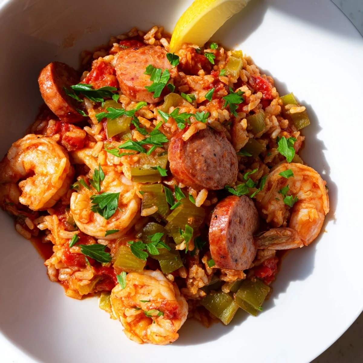 A vibrant plate of Spicy Jambalaya with Shrimp and Turkey Sausage highlights the colorful mix of vegetables, tender shrimp, and savory sausage pieces.