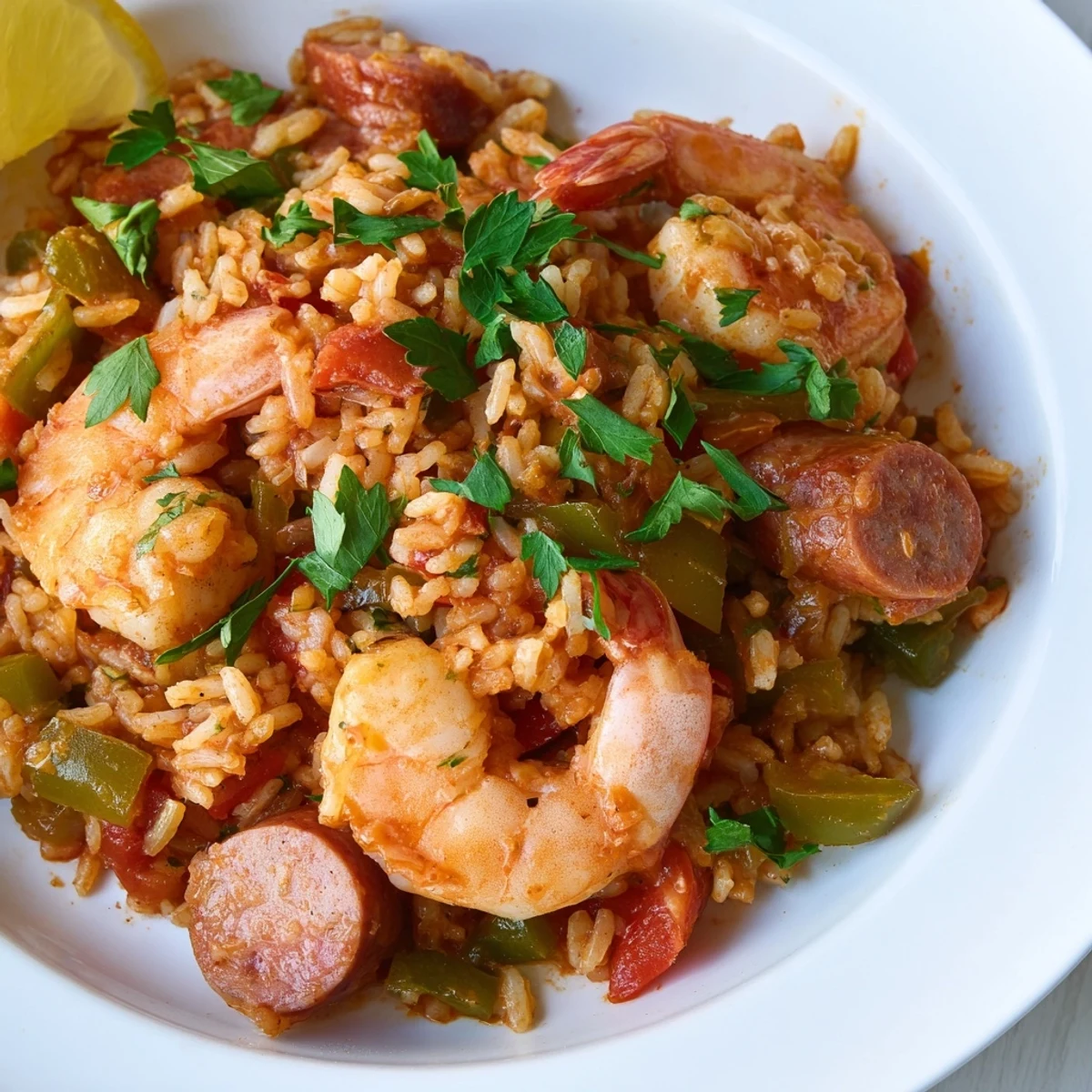 Spicy Jambalaya with Shrimp and Turkey Sausage is served steaming in a rustic bowl, garnished with fresh parsley and lemon wedges on the side.