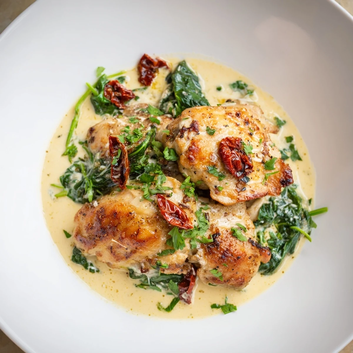 A close-up of Creamy Garlic Chicken with Spinach and Sundried Tomatoes in a skillet, garnished with fresh parsley.