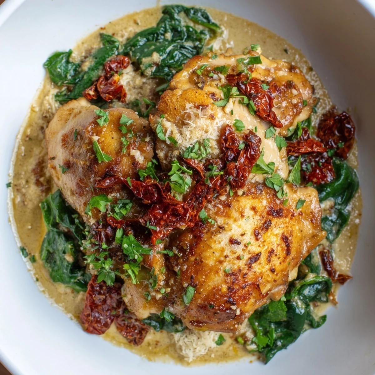 In a white bowl, Creamy Garlic Chicken with Spinach and Sundried Tomatoes is served over fluffy white rice.