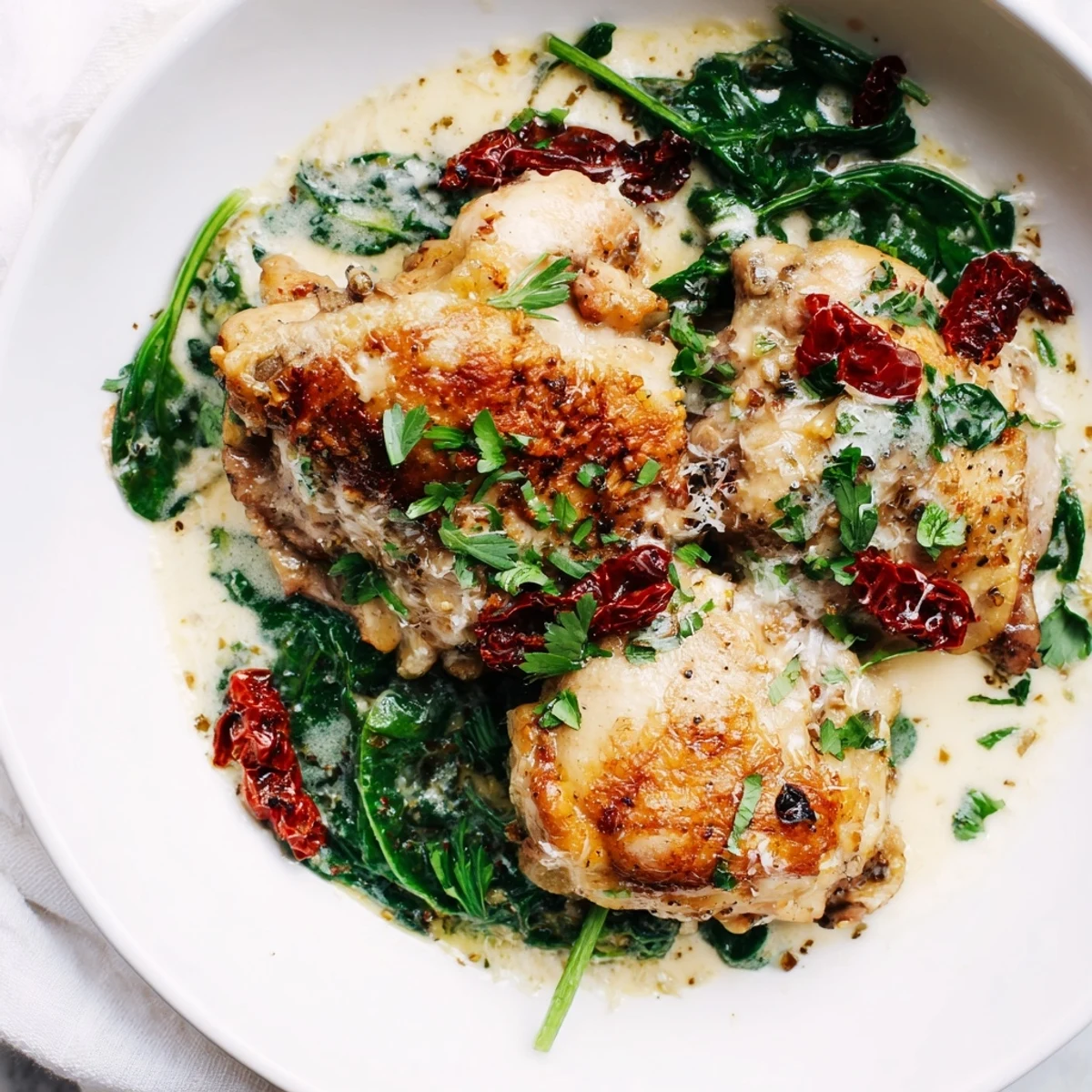 Succulent chicken breasts in a golden cream sauce with spinach and sundried tomatoes, perfect for an easy dinner.