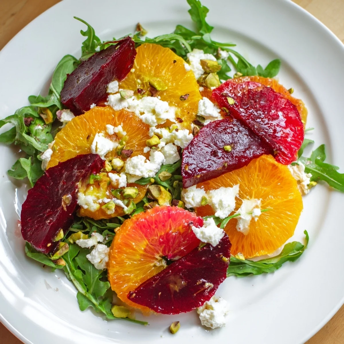 This Roasted Beet and Citrus Salad with Arugula is topped with creamy goat cheese and crunchy pistachios for texture.