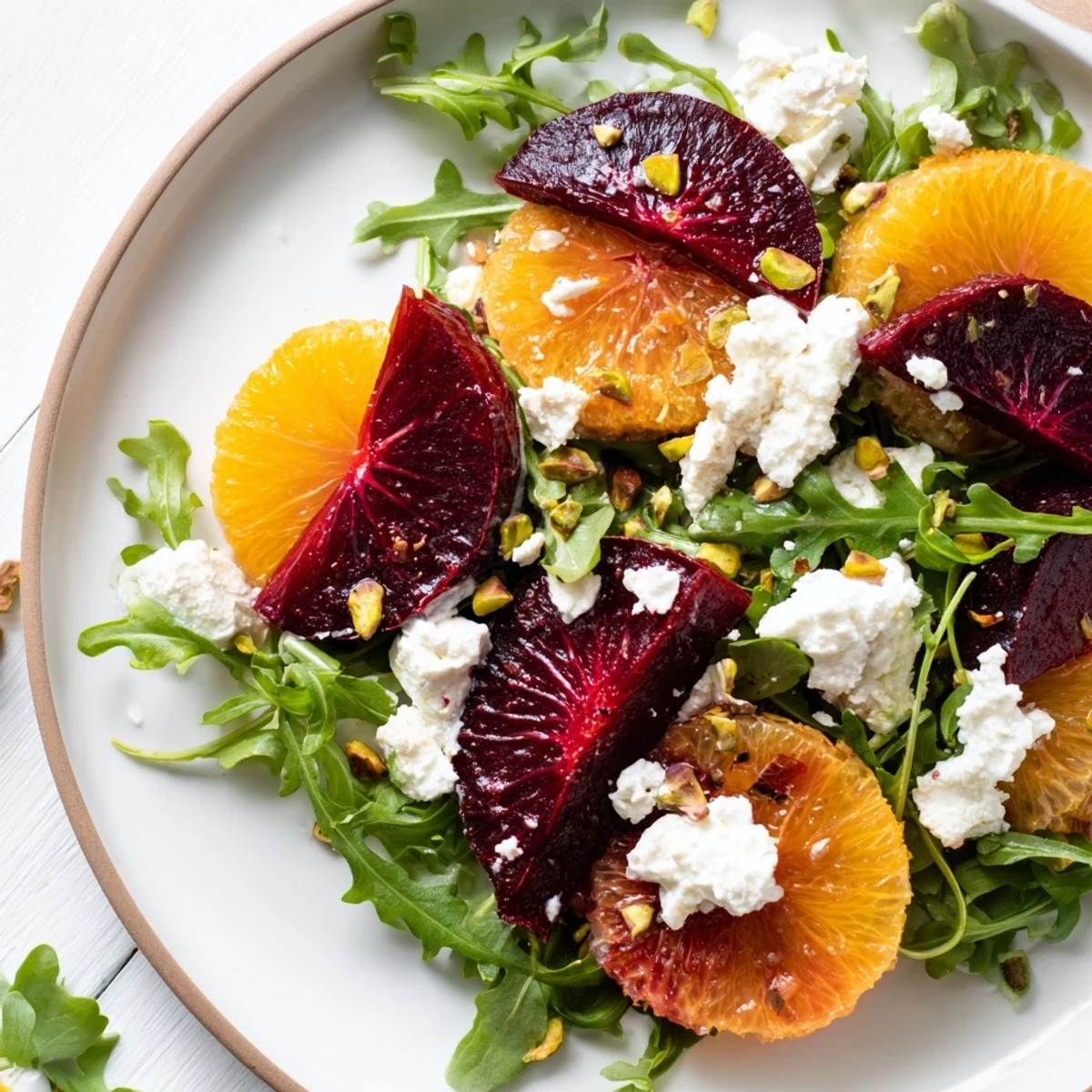 A close-up of Roasted Beet and Citrus Salad with Arugula drizzled with tangy vinaigrette, perfect for a light lunch.