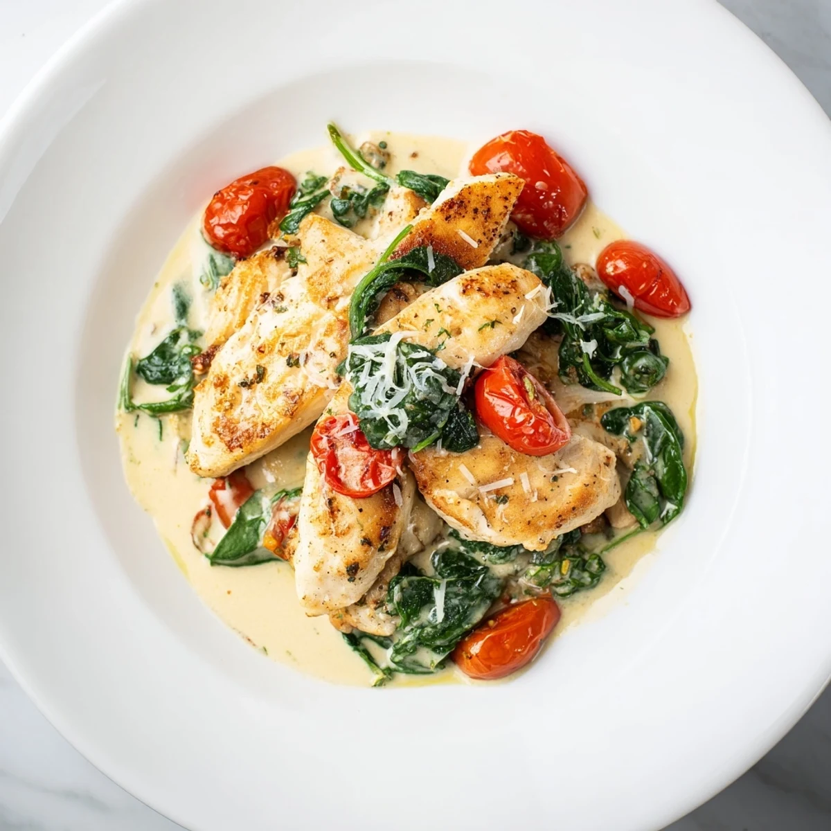 Golden-brown chicken breasts in creamy garlic sauce with wilted spinach and halved cherry tomatoes in a skillet.