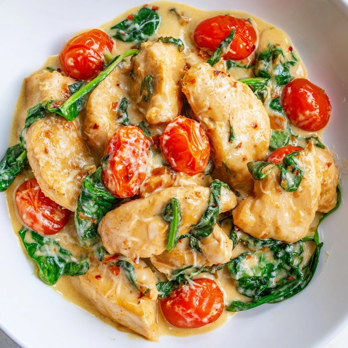 Creamy Garlic Chicken with Spinach and Tomatoes served hot, garnished with Parmesan and herbs, ready to enjoy.