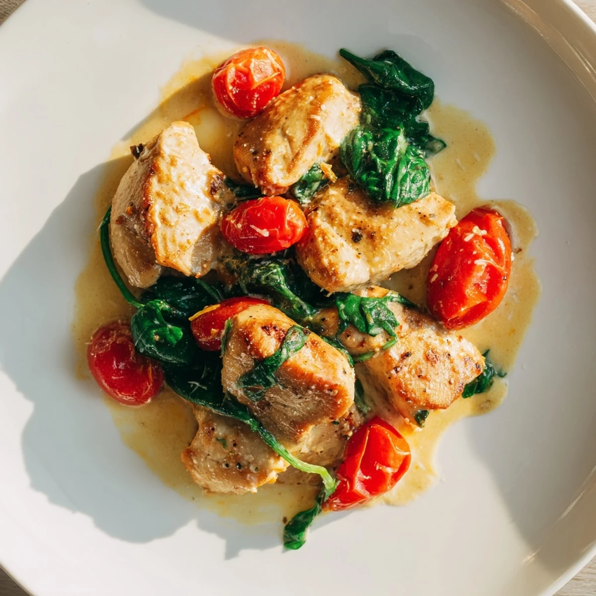 Plate of Creamy Garlic Chicken with Spinach and Tomatoes alongside pasta, featuring a rich, velvety sauce.