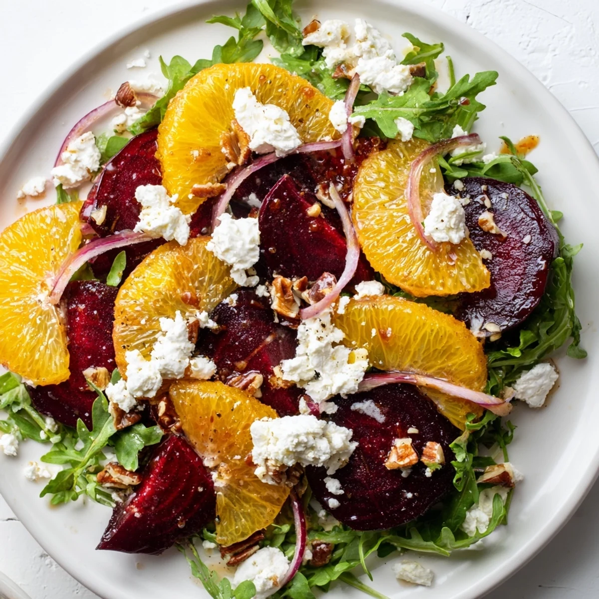 Roasted Beet and Citrus Salad with Arugula features vibrant red and orange slices atop fresh greens, drizzled with tangy vinaigrette for a refreshing side dish.