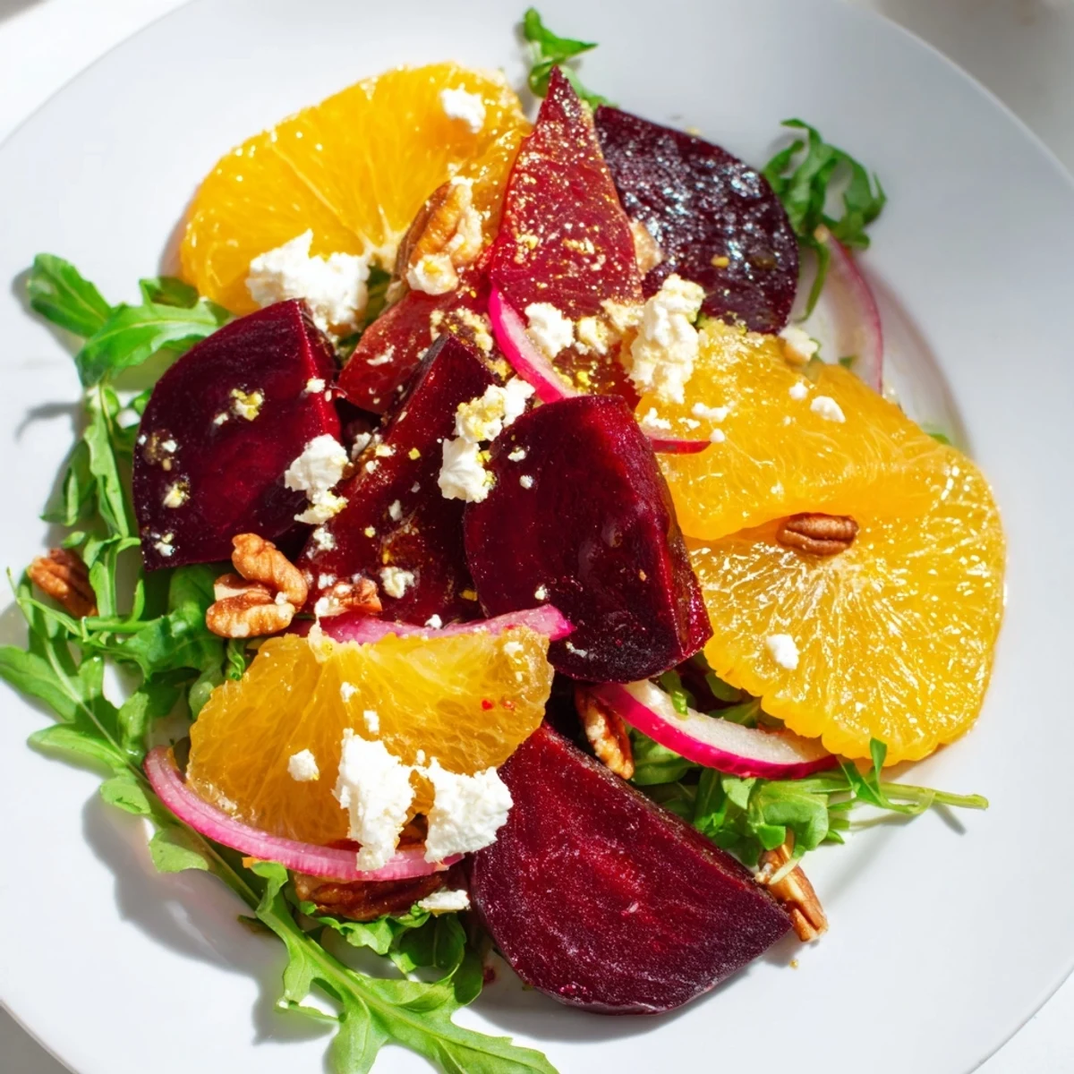 The Roasted Beet and Citrus Salad with Arugula showcases tender golden beet wedges, juicy citrus rounds, and crumbled goat cheese on a bed of peppery arugula.
