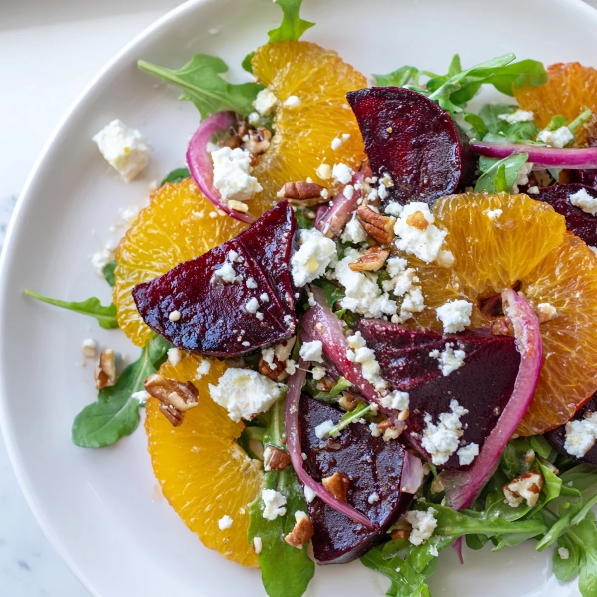 Roasted Beet and Citrus Salad with Arugula combines earthy root vegetables and sweet orange slices with nuts and a zesty lemon-orange dressing, ready to serve.