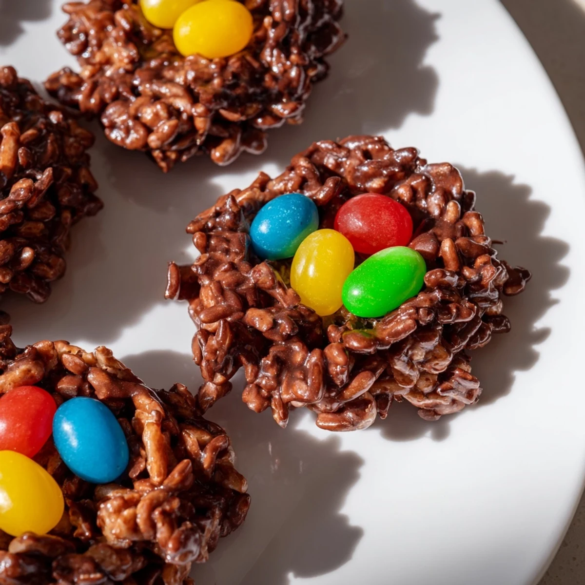 The finished Chocolate Easter Egg Nests with Jelly Beans sit on a rustic wooden board, with bright jelly beans peeking out of the crispy chocolate shells.