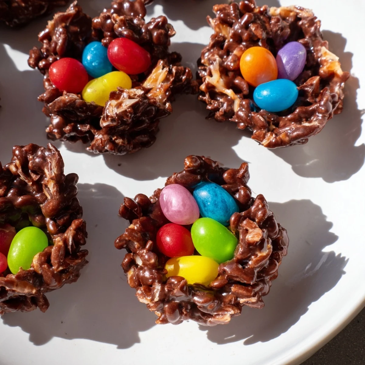 Set against a pastel spring backdrop, these Chocolate Easter Egg Nests with Jelly Beans are ready to be enjoyed after a quick chill in the fridge.