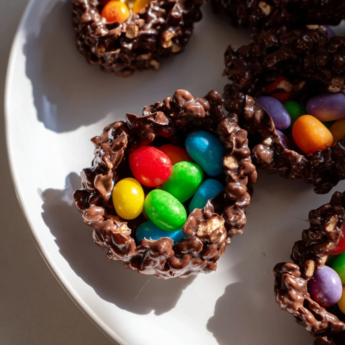 A close-up view shows the texture of the chocolate-coated cereal in the Chocolate Easter Egg Nests with Jelly Beans, glistening slightly as they cool.
