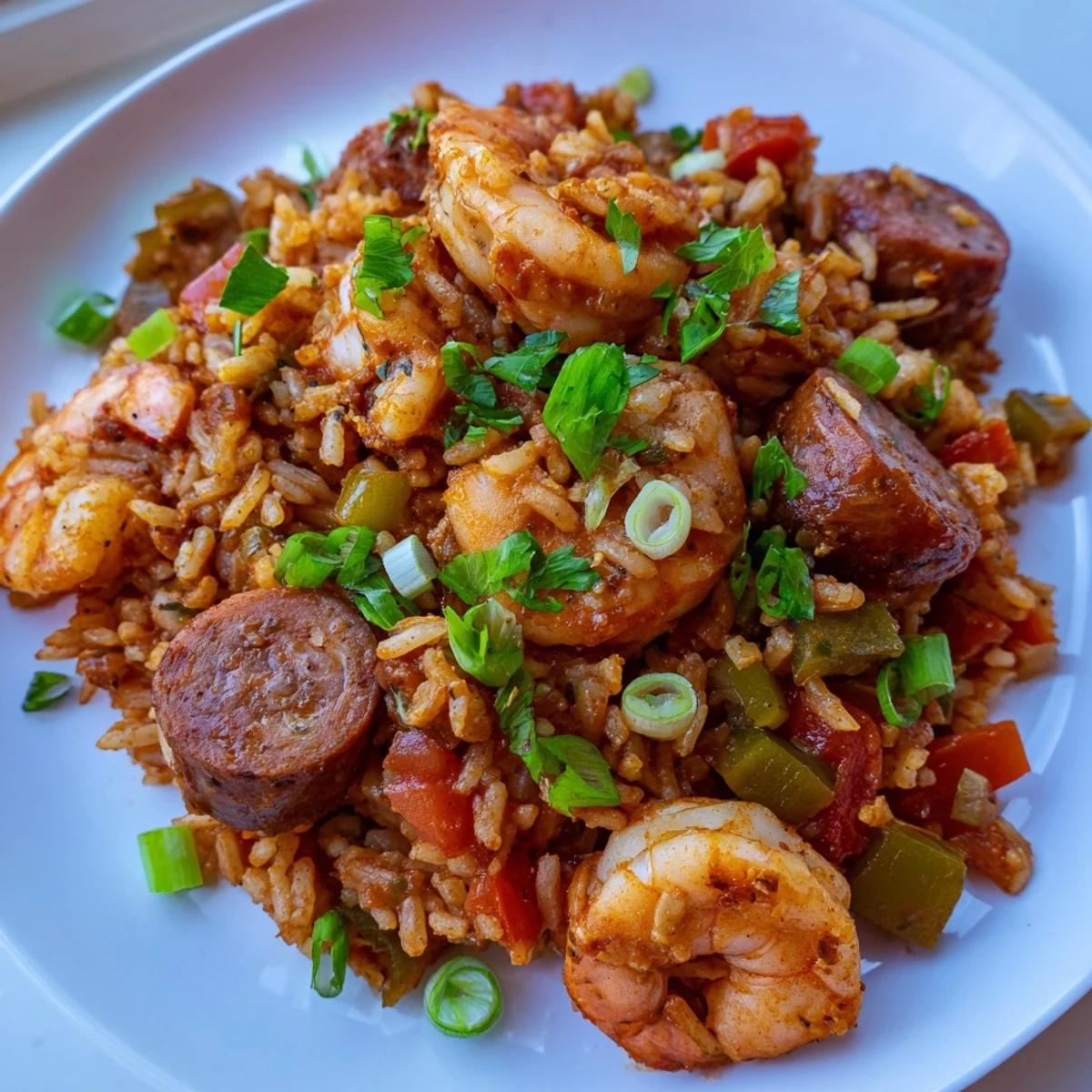 Spicy Jambalaya with Shrimp and Beef Sausage served in a rustic skillet, garnished with fresh parsley and green onions, perfect for a family dinner.