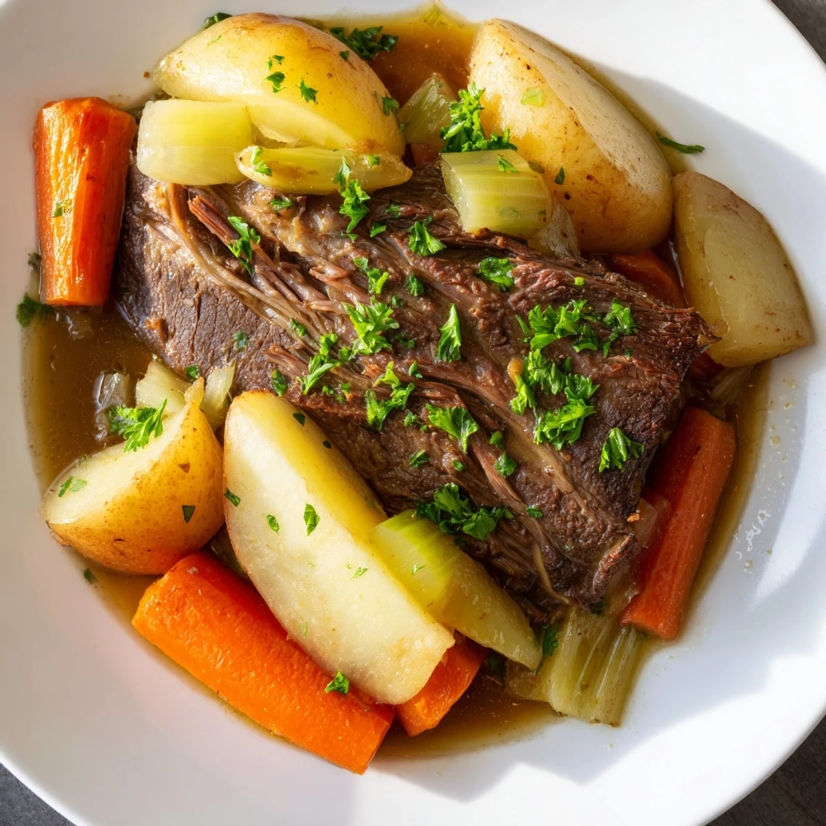 Fragrant Slow Cooker Beef Pot Roast with Root Veggies steaming beside crusty bread on a wooden table.