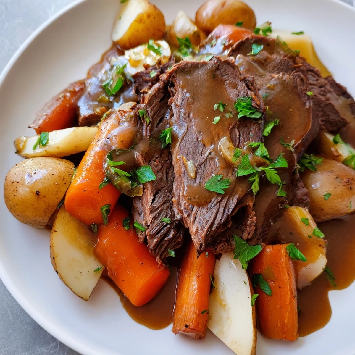 Golden-brown Slow Cooker Beef Pot Roast with Root Veggies, featuring tender shredded beef alongside glazed carrots and potatoes on a rustic platter.