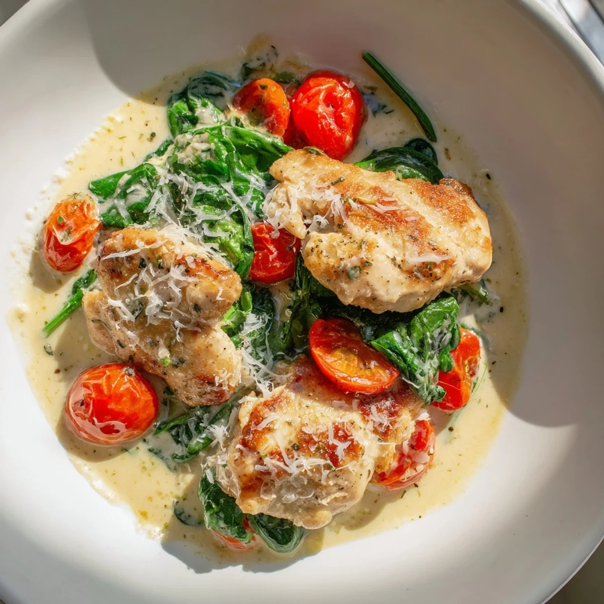 Golden-seared chicken breasts bathed in a creamy garlic sauce with wilted spinach and halved cherry tomatoes, perfect over rice.