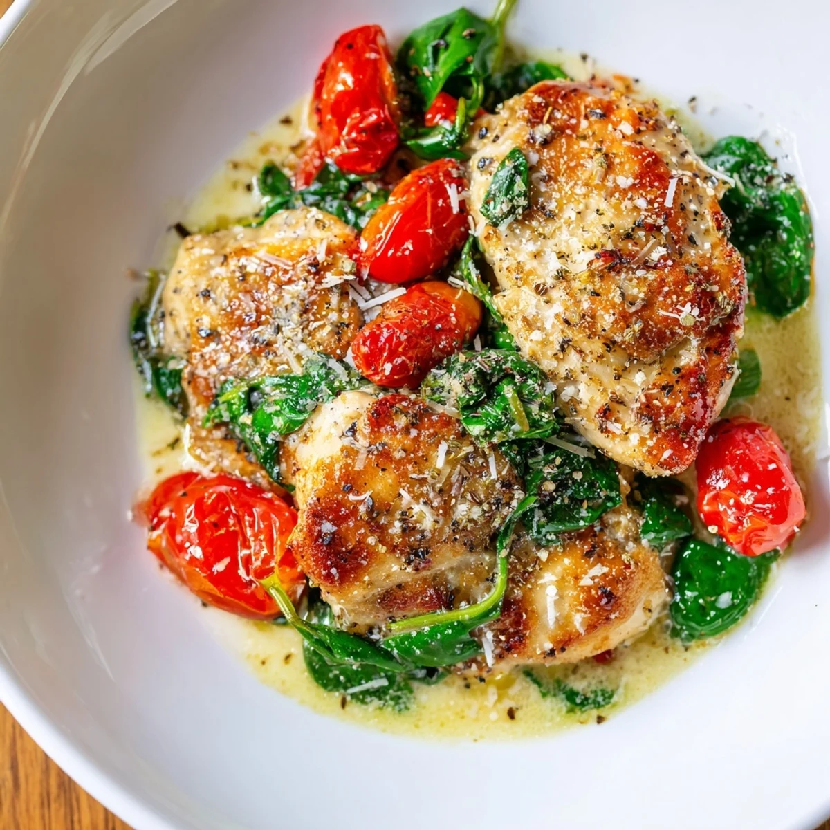 Creamy Garlic Chicken with Spinach and Tomatoes served hot from the skillet, garnished with Parmesan and ready for a comforting weeknight meal.