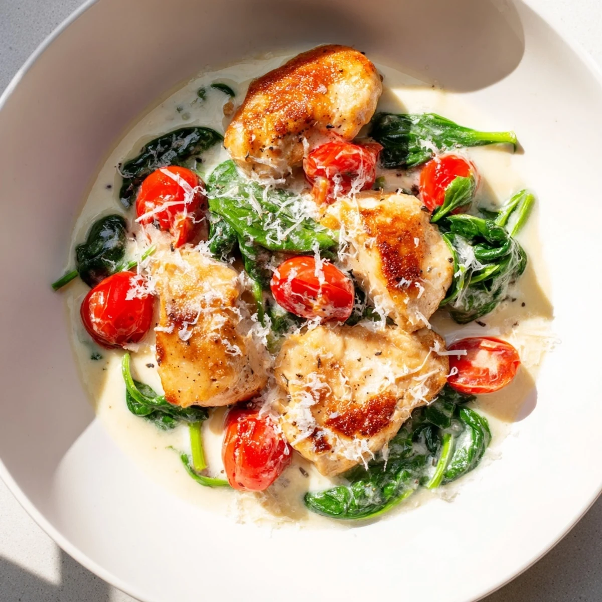 A close-up view of Creamy Garlic Chicken with Spinach and Tomatoes, showcasing the velvety sauce clinging to tender chicken and vibrant vegetables.