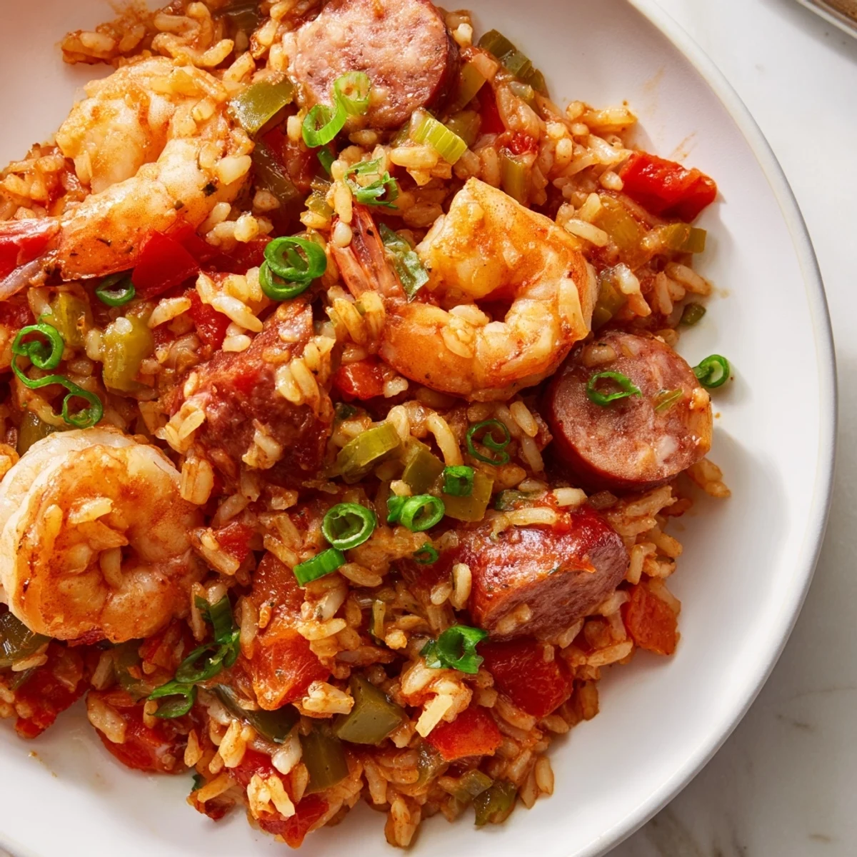 A close-up of Spicy Jambalaya with Shrimp and Beef Sausage, featuring plump pink shrimp and smoky sausage nestled in vibrant, tomato-stained rice, garnished with fresh green onions. 