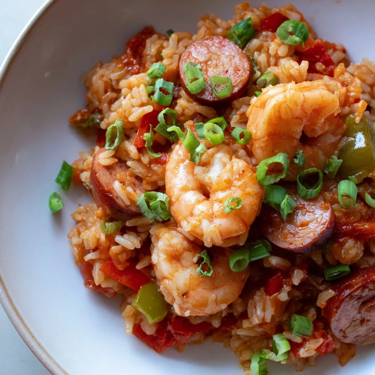 Top-down view of Spicy Jambalaya with Shrimp and Beef Sausage served in a white bowl, flanked by a glass of white wine and a spoon, ready to eat.