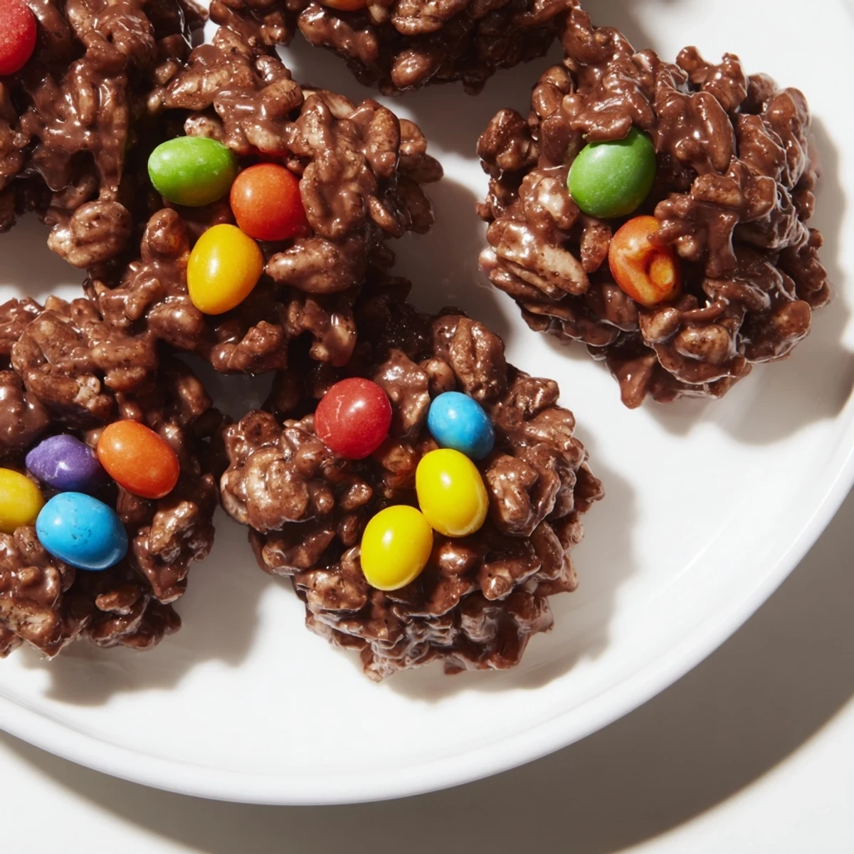 Chocolate Easter Egg Nests with Jelly Beans in a muffin tin, filled with colorful candy eggs.