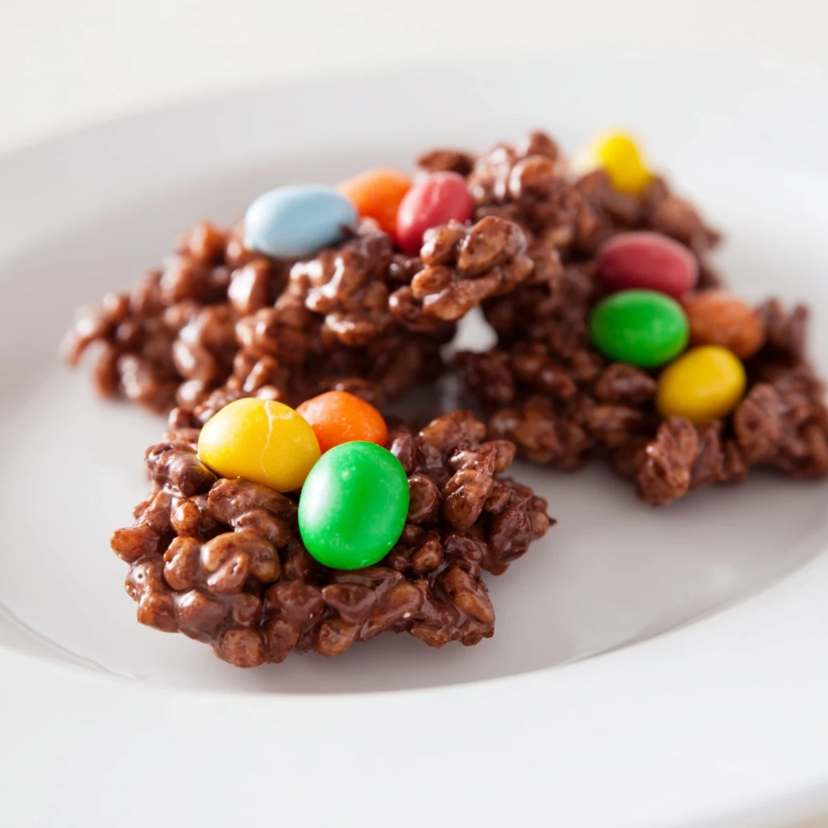 Chocolate Easter Egg Nests with Jelly Beans on a pastel platter, ready for Easter dessert serving.