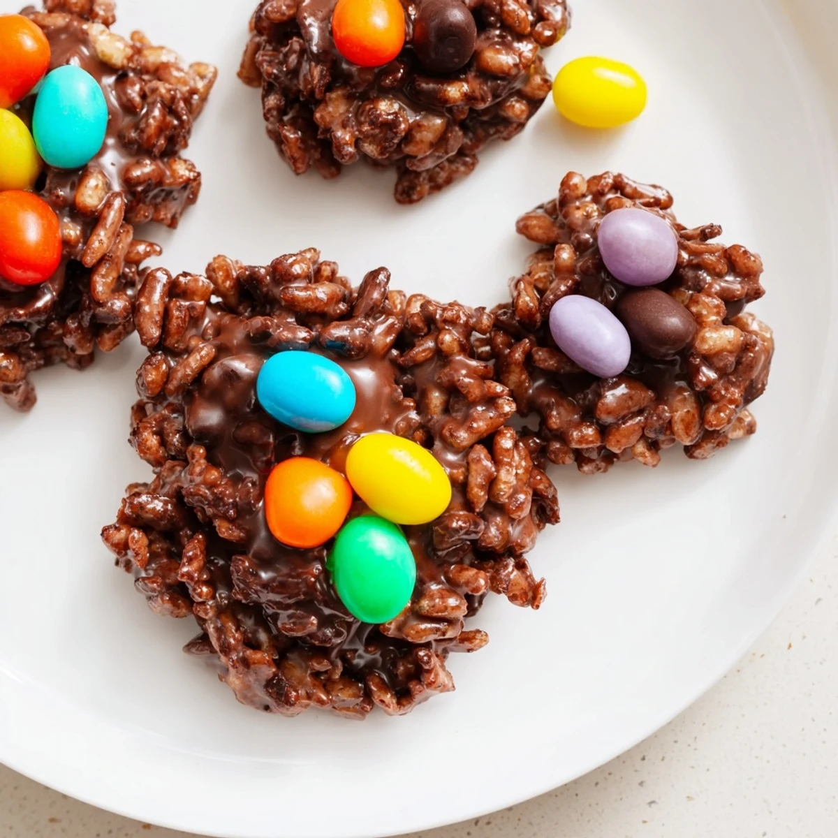 Chocolate Easter Egg Nests with Jelly Beans on a marble counter, showing crispy texture and glossy chocolate.