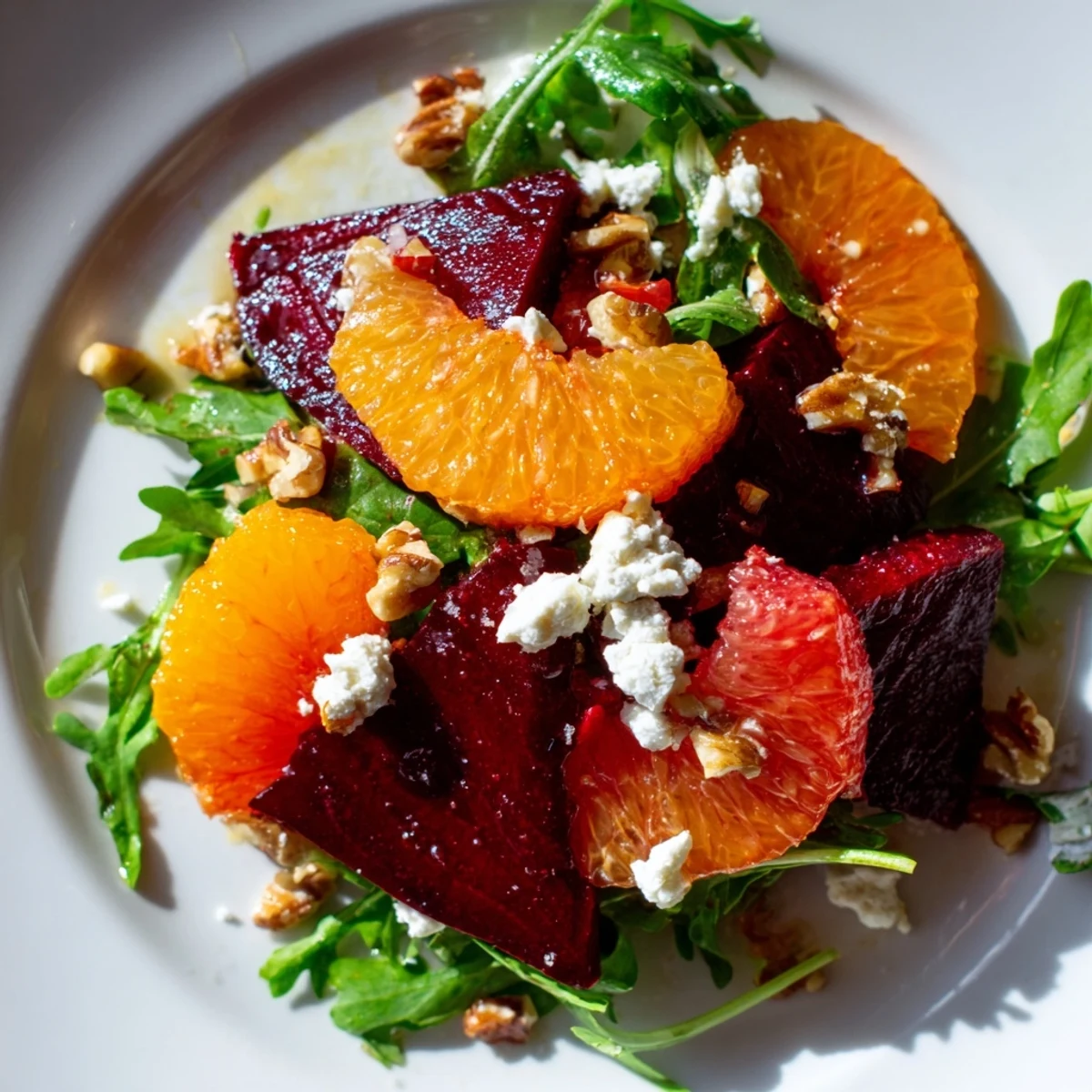 A close-up of Roasted Beet and Citrus Salad with Arugula topped with crumbled goat cheese and toasted walnuts.