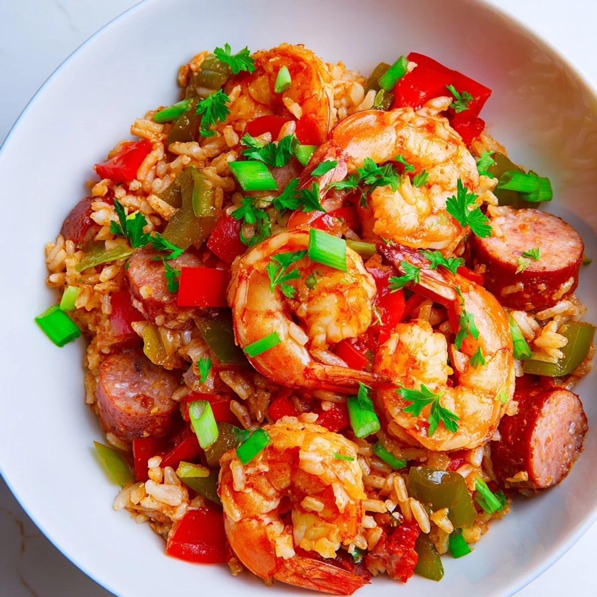 A hearty bowl of Spicy Jambalaya with Shrimp and Turkey Sausage steams beside a glass of cold lager. 