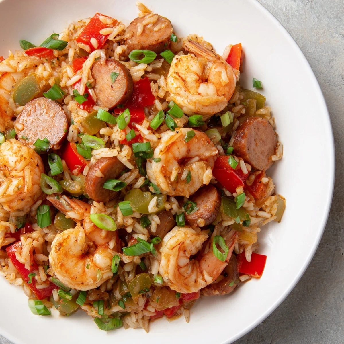 The Spicy Jambalaya with Shrimp and Turkey Sausage features pink shrimp nestled in tomato-rich rice with peppers. 
