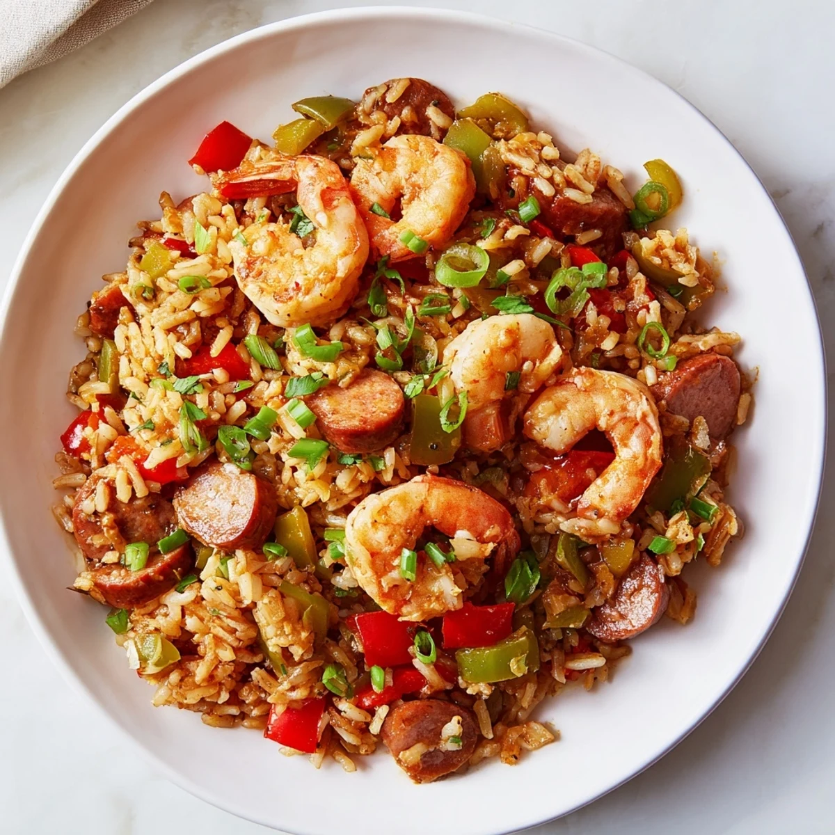 Close-up of Spicy Jambalaya with Shrimp and Turkey Sausage garnished with fresh parsley and vibrant green onions.